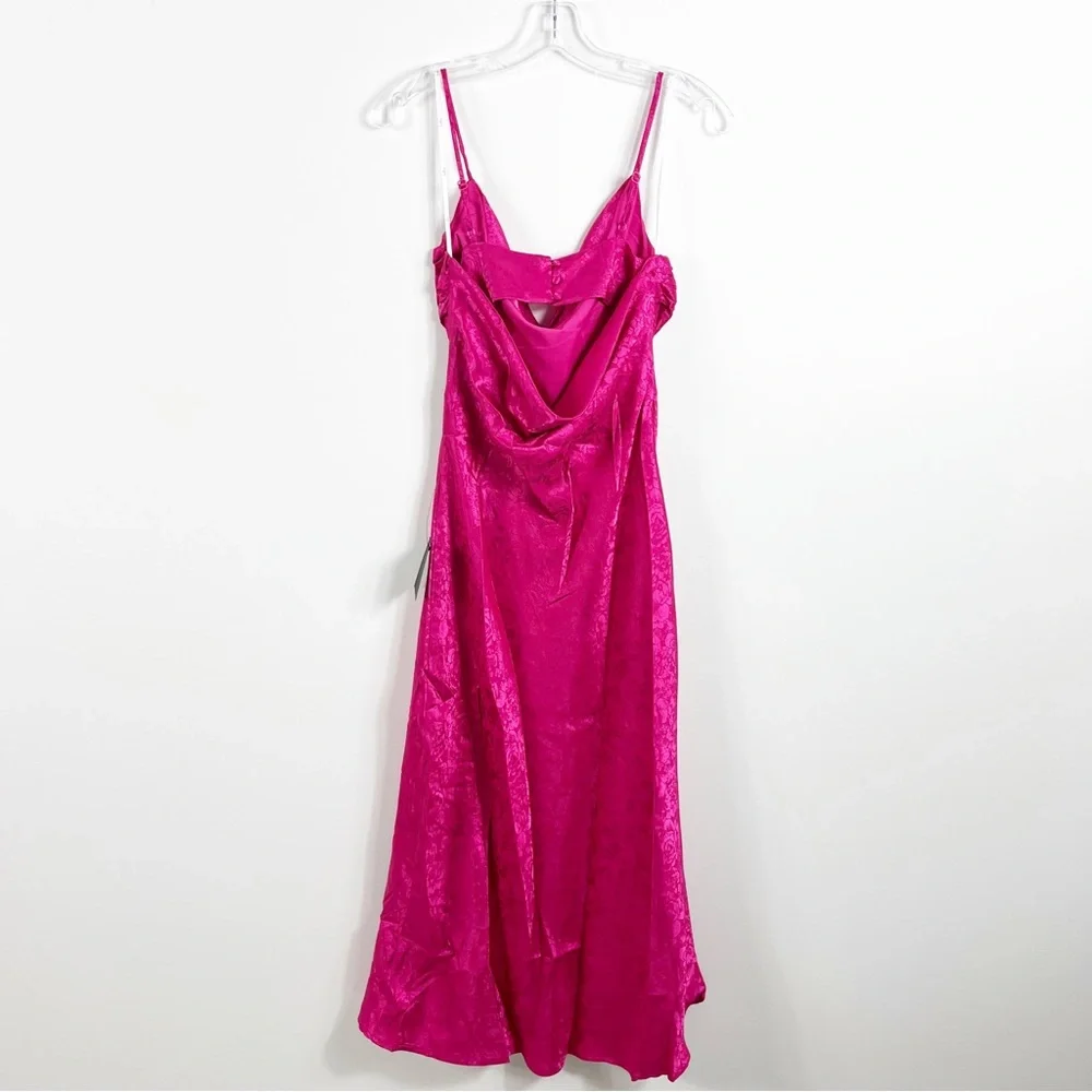 Lulus Stunning Radiance Hot Pink Satin Jacquard Cowl Midi Dress Size Medium NWT - Picture 7 of 8